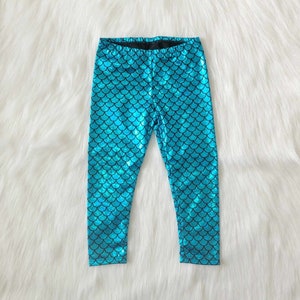 Mermaid Leggings Baby Toddler Girls Costume Aqua Blue, Iridescent or Green Fish Scale Pants Birthday Party Outfit Little Legging Kids Gift