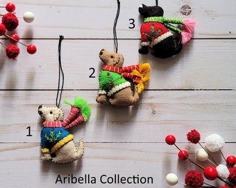 Felt Ornament Dog Puppy Christmas Tree Decoration Holiday Gift Hand Stitched Red Blue Green Vest with Scarf READY TO SHIP