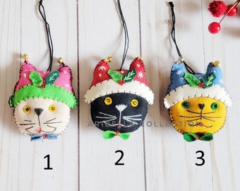 Felt Ornament Kitty Cat Head Christmas Tree Decoration Holiday Gift Hand Stitched Hat with Bells READY TO SHIP