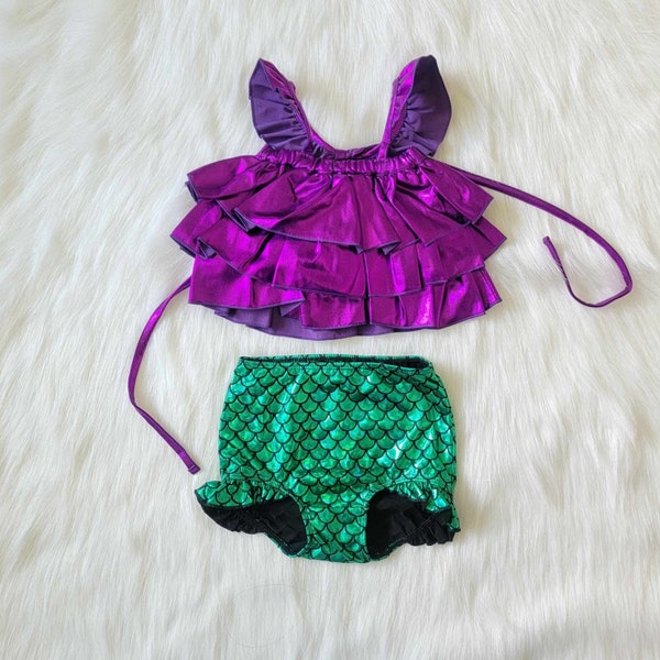 Mermaid Swimsuit Two Piece Multi Ruffle Top Bathing Swim Suit Baby Toddler Swimwear Little Birthday Gift Costume READY TO SHIP