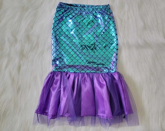 Mermaid Tail Skirt Girls Toddler Mermaids Costume Little Birthday Party Outfit Set Fish Scale Iridescent Aqua Blue or Green