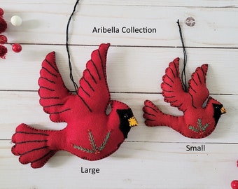 Felt Ornament Red Cardinal Christmas Tree Decoration Holiday Gift Hand Stitched Bird Large 6.5" or Small 4" READY TO SHIP Stocking Stuffer