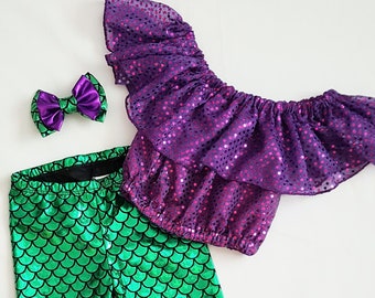 Little Mermaid Birthday Girl Party Outfit Set Green Leggings Crop Top Hair Clip Bow Fish Scale Baby Girls Toddler Costume Glued 3mm Sequins