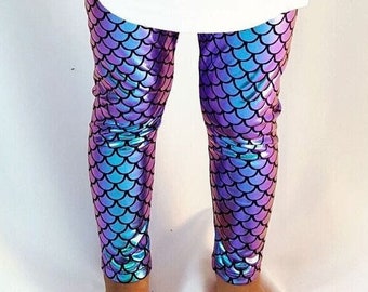 Mermaid Leggings Girls Toddler Baby Purple Turquoise Teal Iridescent, Aqua, Green, Fish Scale Pants, Birthday Party Outfit, Mermaids Costume