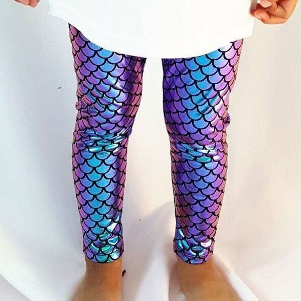 Mermaid Leggings Girls Toddler Baby Purple Turquoise Teal Iridescent, Aqua, Green, Fish Scale Pants, Birthday Party Outfit, Mermaids Costume