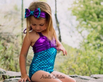 Mermaid Swimsuit, One Piece, Aqua Blue, Green, Girls, Baby, Toddler, Little Mermaid, Bathing Suit, Birthday Party Outfit, Swimwear, Costume