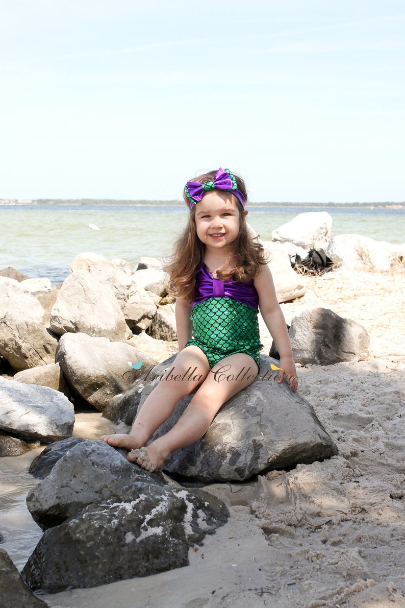 Mermaid Swimsuit Girls One Piece Bathing Suit Costume Birthday Party Outfit Baby Toddler Little Gift Free Headband Bow READY TO SHIP