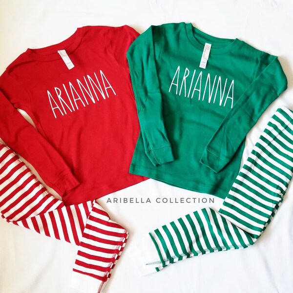 Kids Christmas Pajamas, Toddler Christmas Pajamas, Youth Christmas Pajamas, Personalized Christmas Pjs, Red, Green, Stripe, Dot Pajama Set