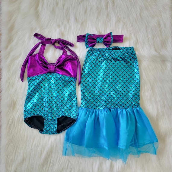 Mermaid Tail Skirt One Piece Swimsuit Set Toddler Baby Costume Little Birthday Outfit Gift Headband Bow Iridescent READY TO SHIP Etsy Denmark