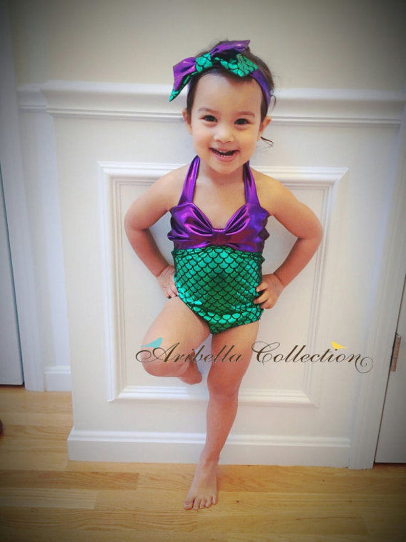 Mermaid Swimsuit Girls One Piece Bathing Suit Costume Birthday Party Outfit Baby Toddler Little Gift Free Headband Bow Christmas Gift RTS