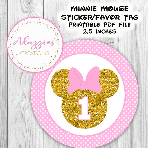 Minnie Mouse ONE YEAR Favor Tags, Minnie Mouse Stickers, Round digital sticker, Printable Sticker, Favor tags, Minnie Favor, 1ST BIRTHDAY