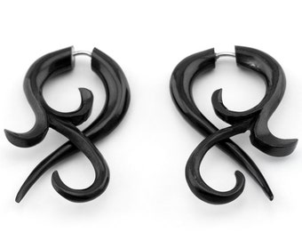 Black Horn Large Floral Twist Organic Fake Gauges Earrings