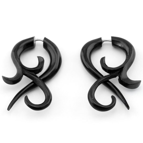 Black Horn Large Floral Twist Organic Fake Gauges Earrings