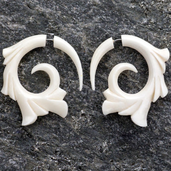 White Bone Ornamental Spiral Fake Gauges Earrings
