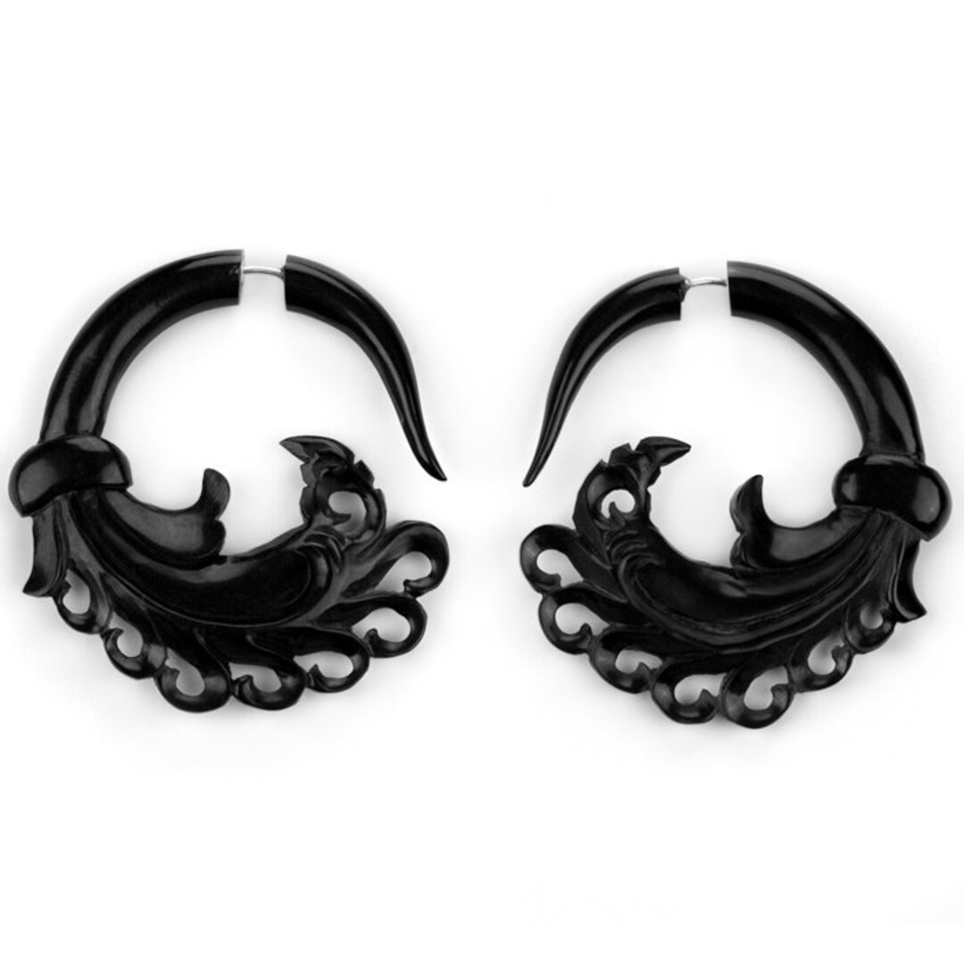 Empire Curl Black Horn Fake Gauges Earrings Etsy