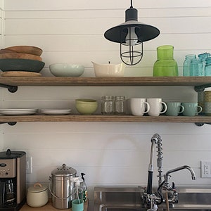 One Long Custom Industrial Farmhouse Rustic Shelf with 2 pipe brackets, Wall Shelf for Kitchen, Bathroom, Coffee Bar, Media Room image 5