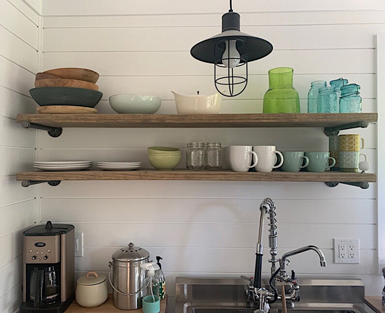 One Long Custom Industrial Farmhouse Rustic Shelf with 2 pipe brackets, Wall Shelf for Kitchen, Bathroom, Coffee Bar, Media Room image 5