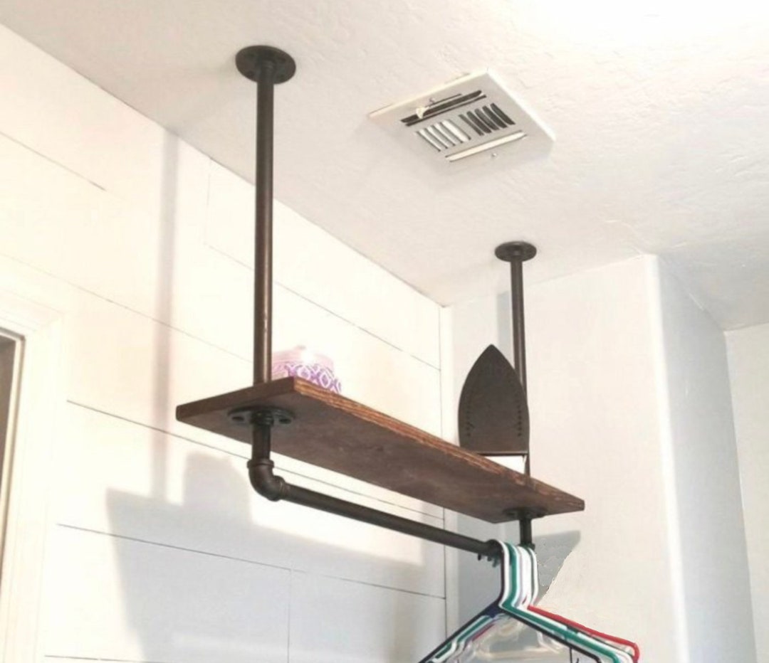Farmhouse Laundry Room Drying Rack: Hanging Rustic Pine Shelf