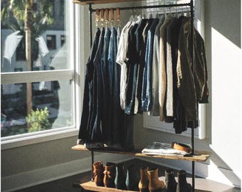 Industrial Pipe Clothing Rack, Rustic Garment Rack with Shelves