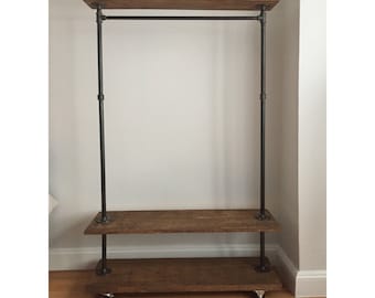 Garment Rack. Industrial Pipe Clothing and Garment Rack. Iron Pipe Rack, Rolling clothing rack, Loft Clothing and shoe rack, Rustic Wood