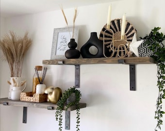 Rustic Shelf with L Shaped Brackets, Long Industrial Floating Shelf, Farmhouse Custom Wall shelf, Wood Kitchen, Landry, Bathroom Shelving