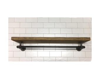 Rustic Industrial Floating Top Shelf with Lower Hanging Bar - Laundry Room Organizer