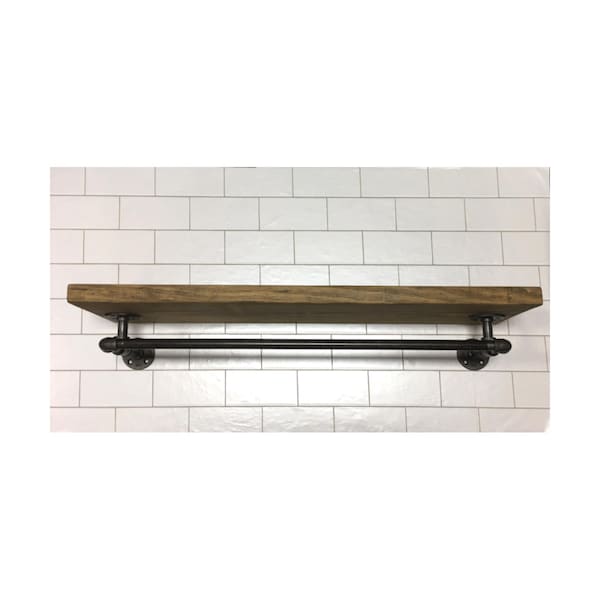 Rustic Industrial Floating Top Shelf with Lower Hanging Bar - Laundry Room Organizer