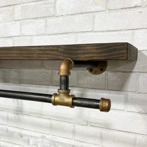 Rustic Brass & Iron Laundry Shelf: Industrial Floating Bookcase with Lower Bar image 3