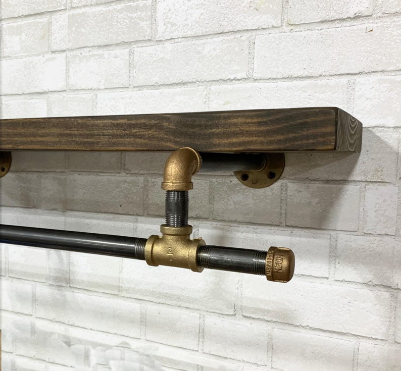 Rustic Brass & Iron Laundry Shelf: Industrial Floating Bookcase with Lower Bar image 3