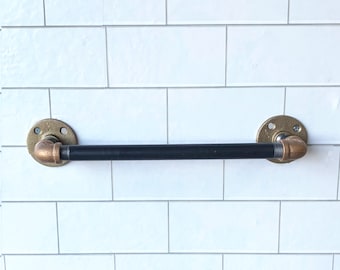 Industrial Brass & Steel Pipe Towel Bar, Rustic Farmhouse Decor