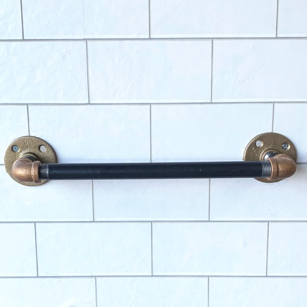 Industrial Brass and Steel Pipe Towel Bar.  Rustic Modern Farmhouse towel rack, coat grab bar, hand towel holder, bathroom industrial decor