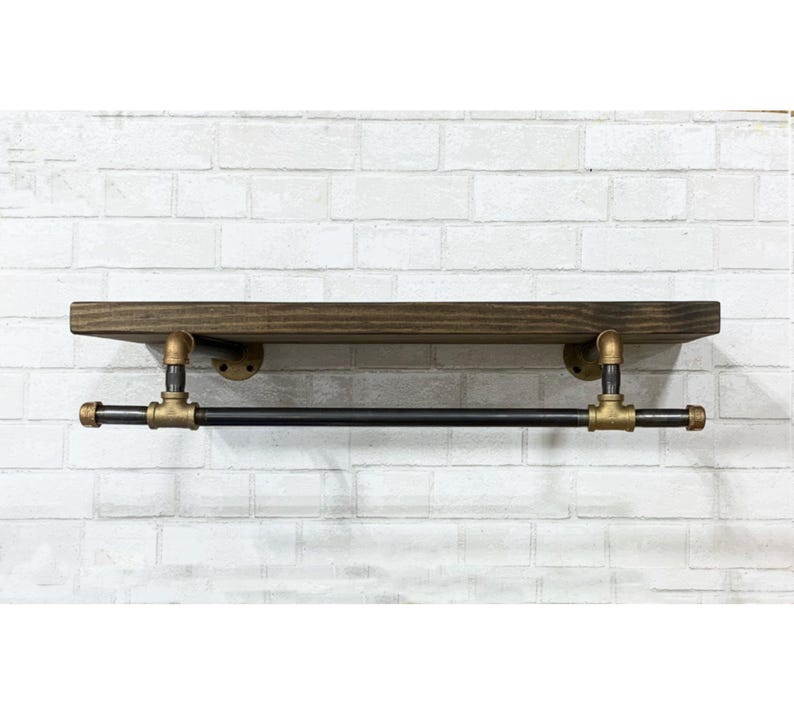 Rustic Brass & Iron Laundry Shelf: Industrial Floating Bookcase with Lower Bar image 5