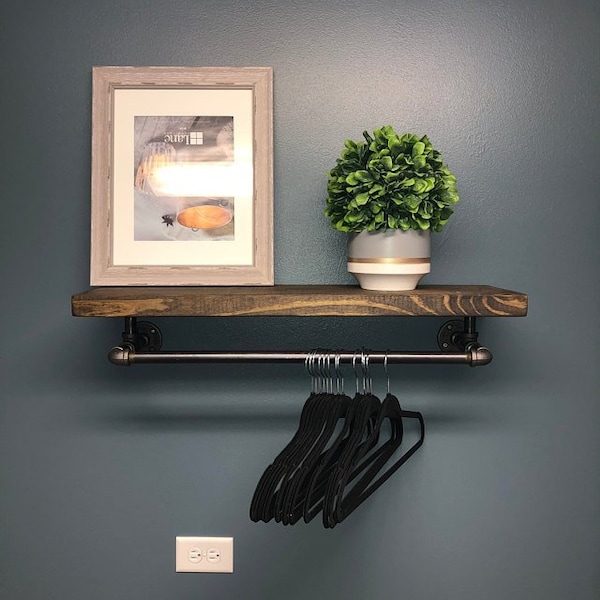 Rustic Industrial Shelf with Clothes Drying Bar: Laundry Room Organizer