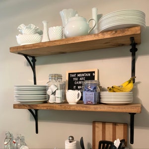 Farmhouse Floating Wall Shelf: Rustic Pine with Cast Iron Brackets