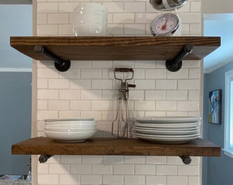 One Long Custom Industrial Farmhouse Rustic Shelf with 2 pipe brackets, Wall Shelf for Kitchen, Bathroom, Coffee Bar, Media Room