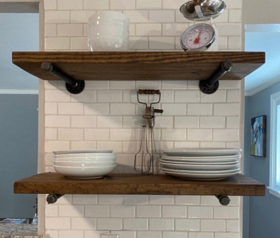 One Long Floating Farmhouse Shelf, 2 Pipe Brackets, Rustic Shelf