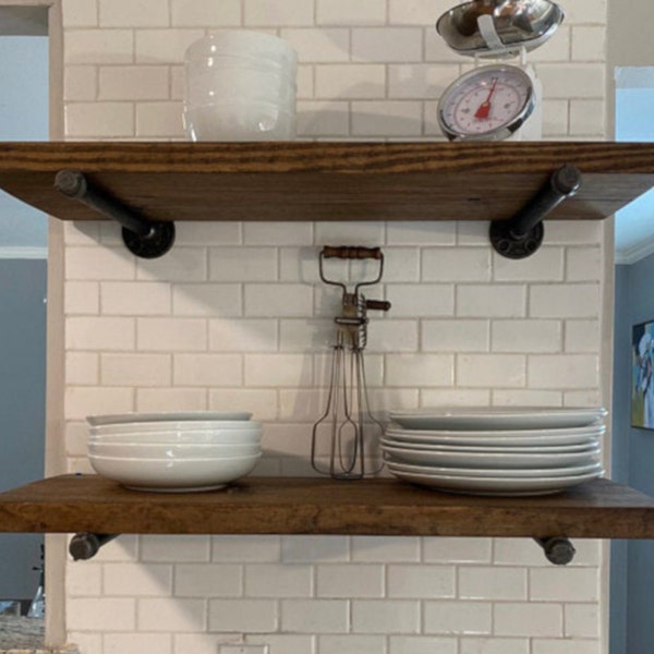 One Long Custom Industrial Farmhouse Rustic Shelf with 2 pipe brackets, Wall Shelf for Kitchen, Bathroom, Coffee Bar, Media Room