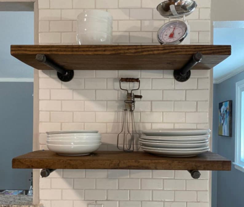 One Long Custom Industrial Farmhouse Rustic Shelf with 2 pipe brackets, Wall Shelf for Kitchen, Bathroom, Coffee Bar, Media Room image 1