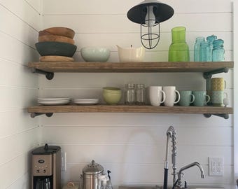 Handmade Rustic Floating Shelf, Pinewood with Pipe Brackets