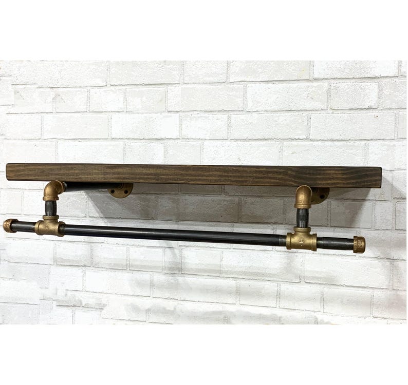 Rustic Brass & Iron Laundry Shelf: Industrial Floating Bookcase with Lower Bar image 6