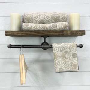 Rustic Industrial Shelf with Towel Bar: Farmhouse Entryway Organizer