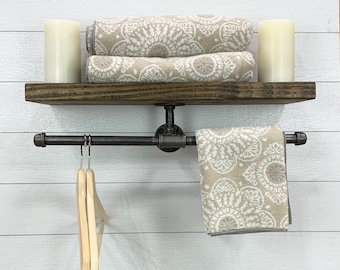 Rustic Industrial Shelf with Towel Bar: Farmhouse Entryway Organizer