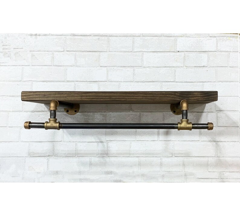 Rustic Brass & Iron Laundry Shelf: Industrial Floating Bookcase with Lower Bar image 8