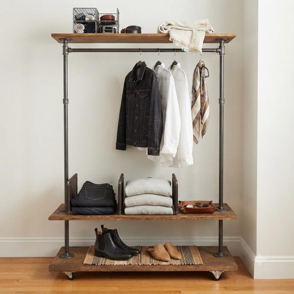 Industrial Pipe Garment Rack, Rolling Clothing Rack with Rustic Wood Shelves
