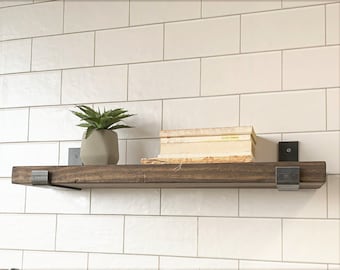 Long Fixer Upper Floating Shelf, Rustic Shelf Flat Iron brackets, Farmhouse Decor Open Shelving, J shaped bracket wooden shelf, Custom Shelf