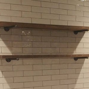 One Long Custom Industrial Farmhouse Rustic Shelf with 2 pipe brackets, Wall Shelf for Kitchen, Bathroom, Coffee Bar, Media Room image 4