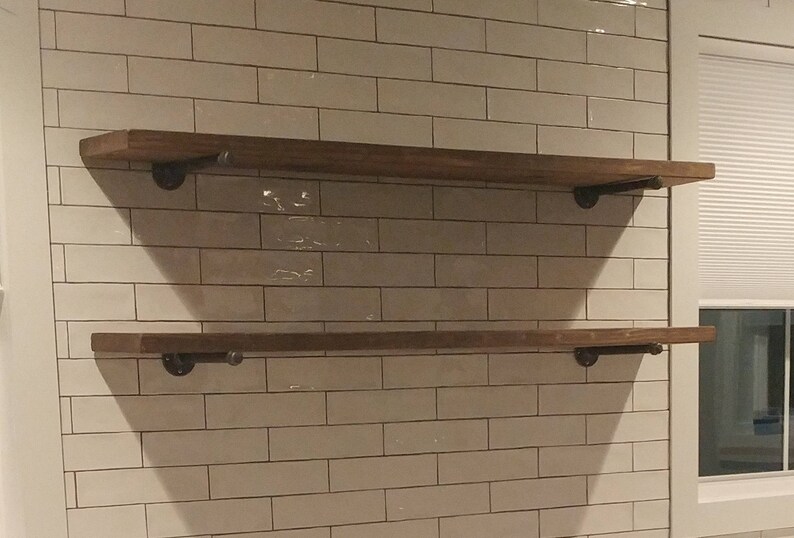 One Long Custom Industrial Farmhouse Rustic Shelf with 2 pipe brackets, Wall Shelf for Kitchen, Bathroom, Coffee Bar, Media Room image 4