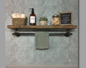 Rustic Industrial Floating Top Shelf with Lower Hanging Bar - Laundry Room Organizer
