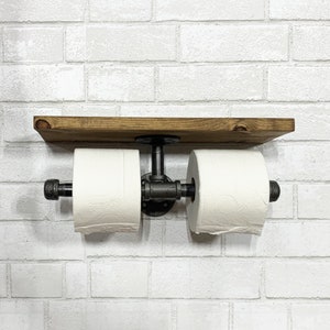 Industrial Pipe Double Toilet Paper Holder with Rustic Wood Shelf