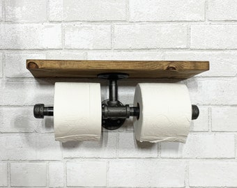 Industrial Steel Pipe Double Toilet Paper Holder with Rustic Top Shelf.  Farmhouse Bathroom Paper Roll Dispenser. Modern Farmhouse TP Holder